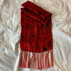 Beautiful long red and black rose patterned silk scarf with tassels.